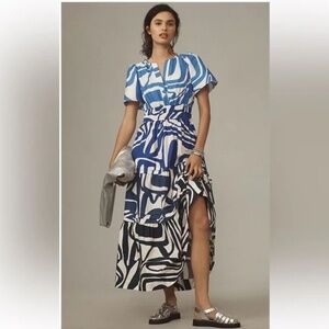 Anthropologie Somerset Maxi Dress, blue & white, size L, EUC